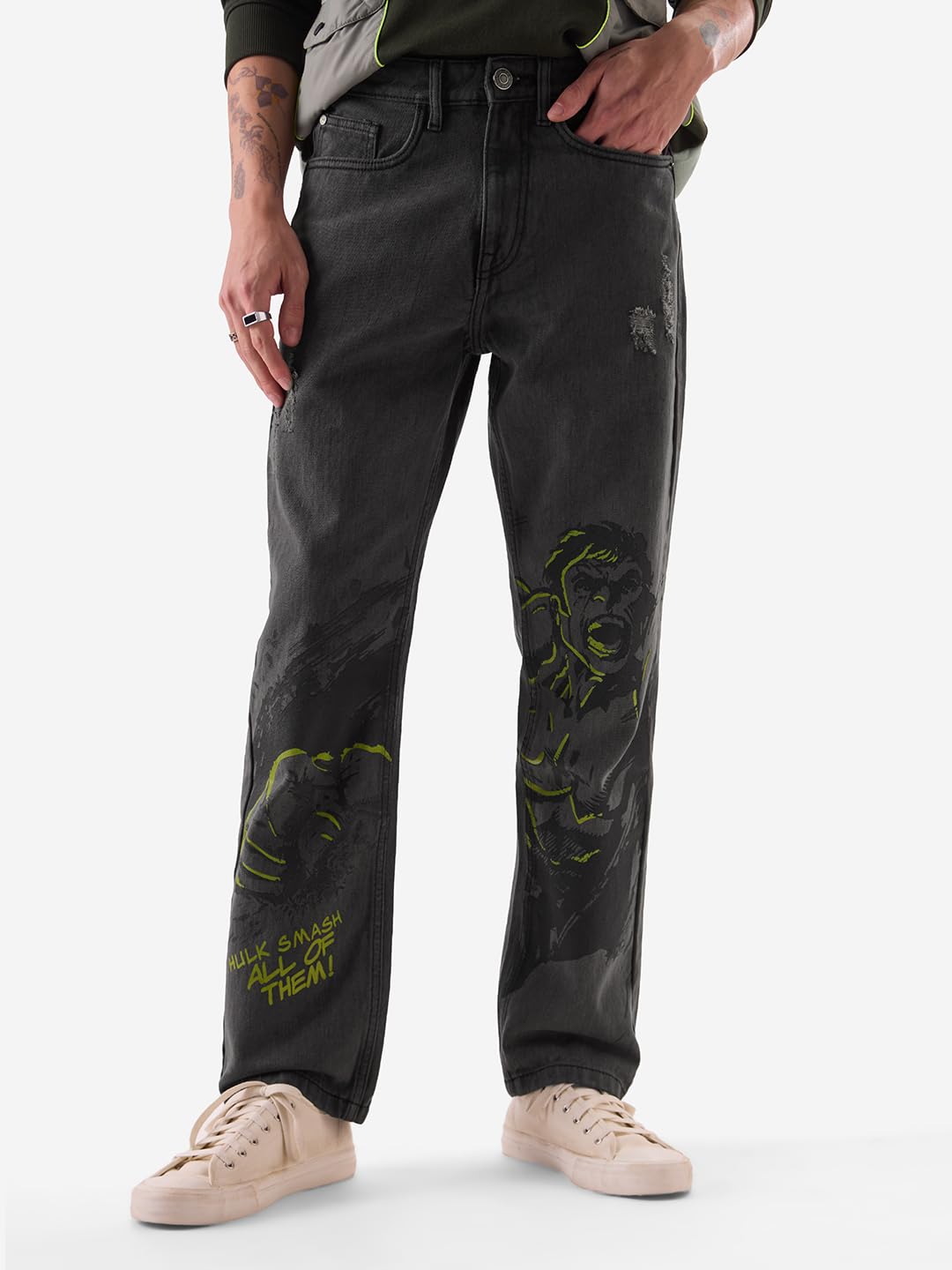 The Souled Store Hulk: Smash Men and Boys Grey Straight Fit Jeans