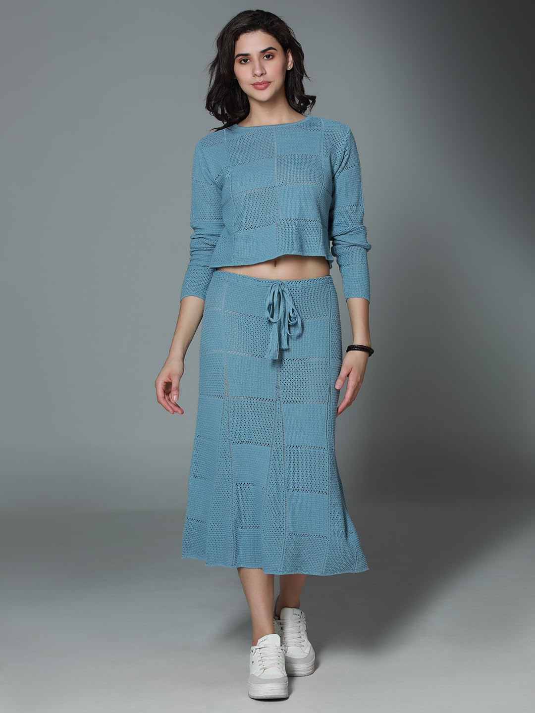 High Star Women'S Blue Pure Cotton Long Sleeves Round Neck Co-Ord Set