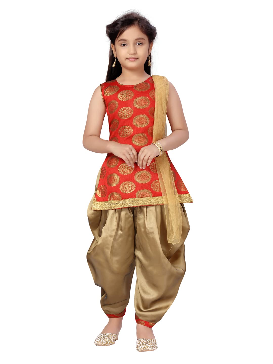 Aarika GirlS Silk Kurti Patiala Set (Pt-18541_Red-Gold_38)