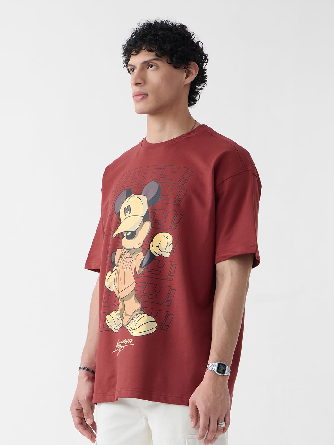 The Souled Store Disney: Mickey Mouse Obey Men and Boys Short Sleeves Round Neck Burgundy Graphic Printed Cotton Oversized T-Shi