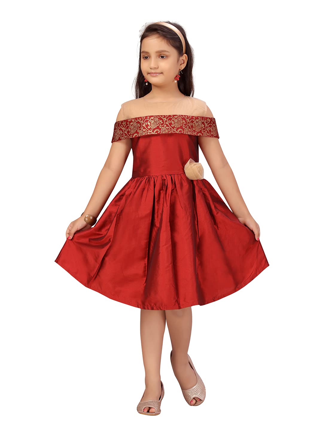 Aarika Girl's Silk Fit and Flare Knee-Length Dress (FK-21908_Maroon_28)