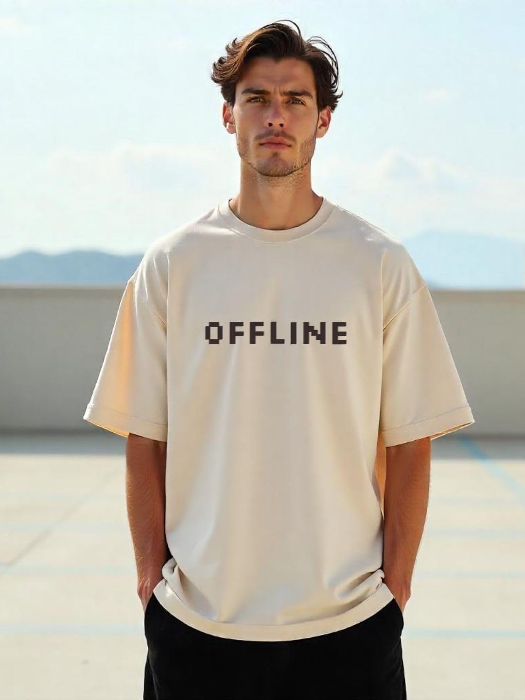 Nobero MenS Solid Oversized Fit T-Shirt (1M-Twrt-C0910-Og_Sand