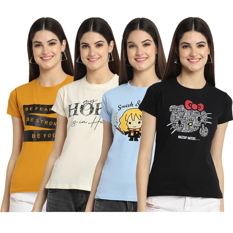 Preneum Womens Cotton Regular Fit Latest Graphic Stylish Printed Short Sleeves Casual T-Shirt || Trends & Stylish (Pack 4), Clo