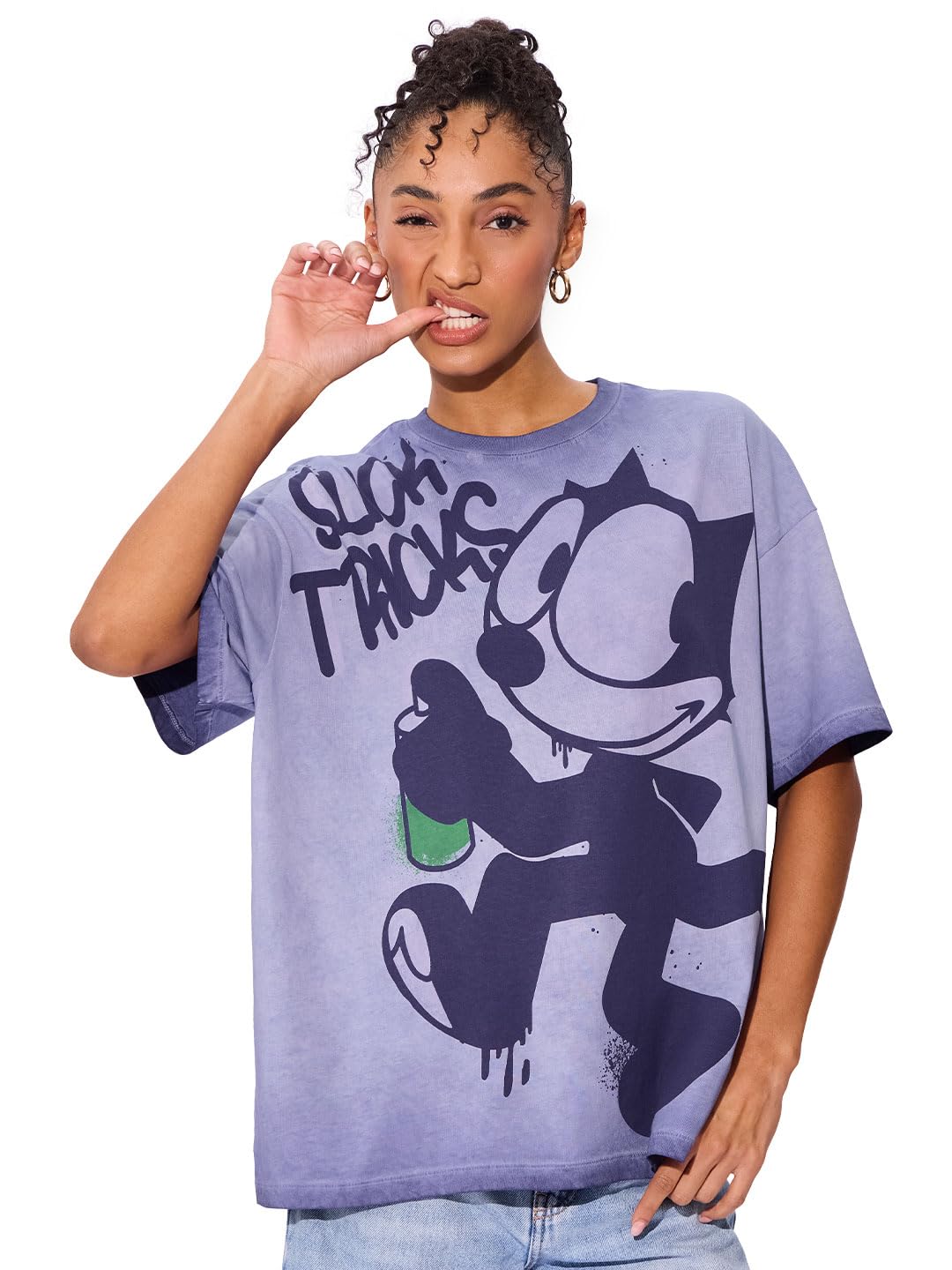 The Souled Store Felix The Cat: Slick Tricks Women and Girls Short Sleeeves Round Neck Purple Graphic Printed Cotton Oversized T