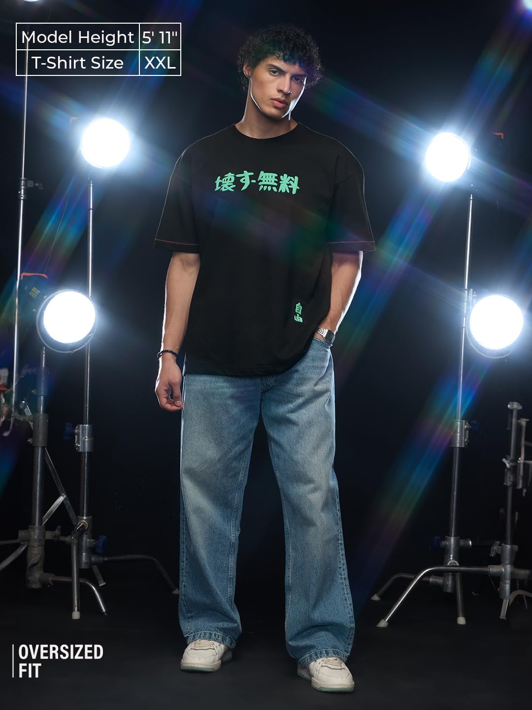 The Souled Store Break Free Turtle Men and Boys Short Sleeves Round Neck Black Puff Printed Cotton Oversized T-Shirts
