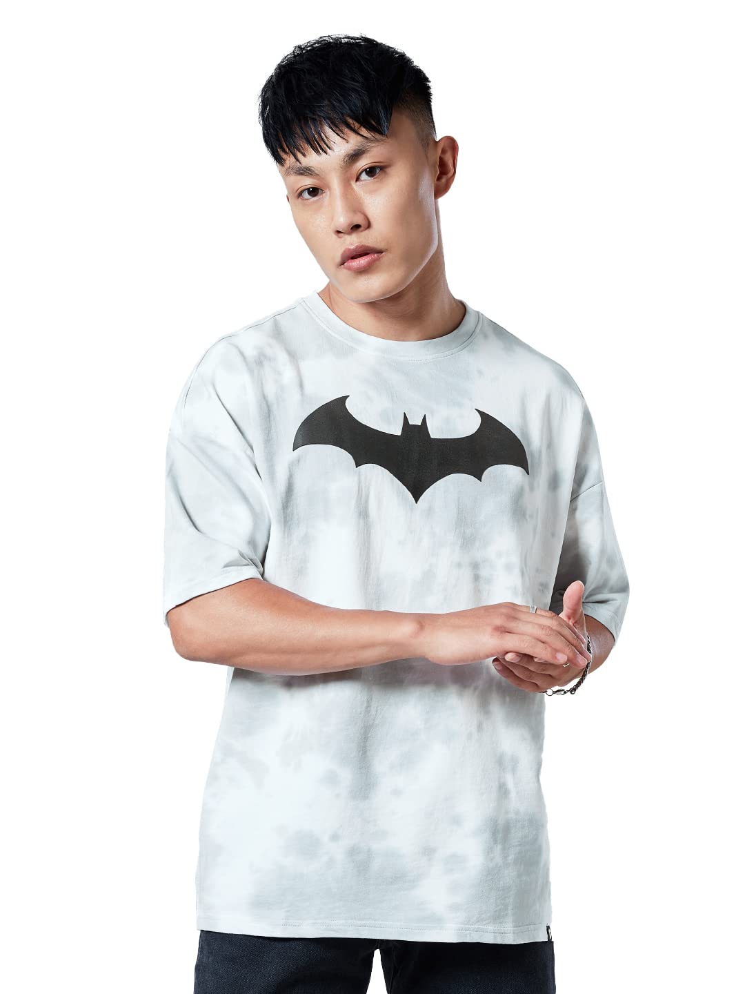 The Souled Store Men Official Batman: Bat Signal Tie Dye Grey Printed Oversized T-Shirts Oversized T-Shirts Fashionable Trendy G
