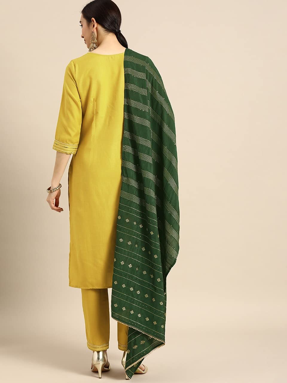GoSriKi Women's Ruby Cotton Straight Solid Kurta with Palazzo & Dupatta (SURAT Mehandi-GO)
