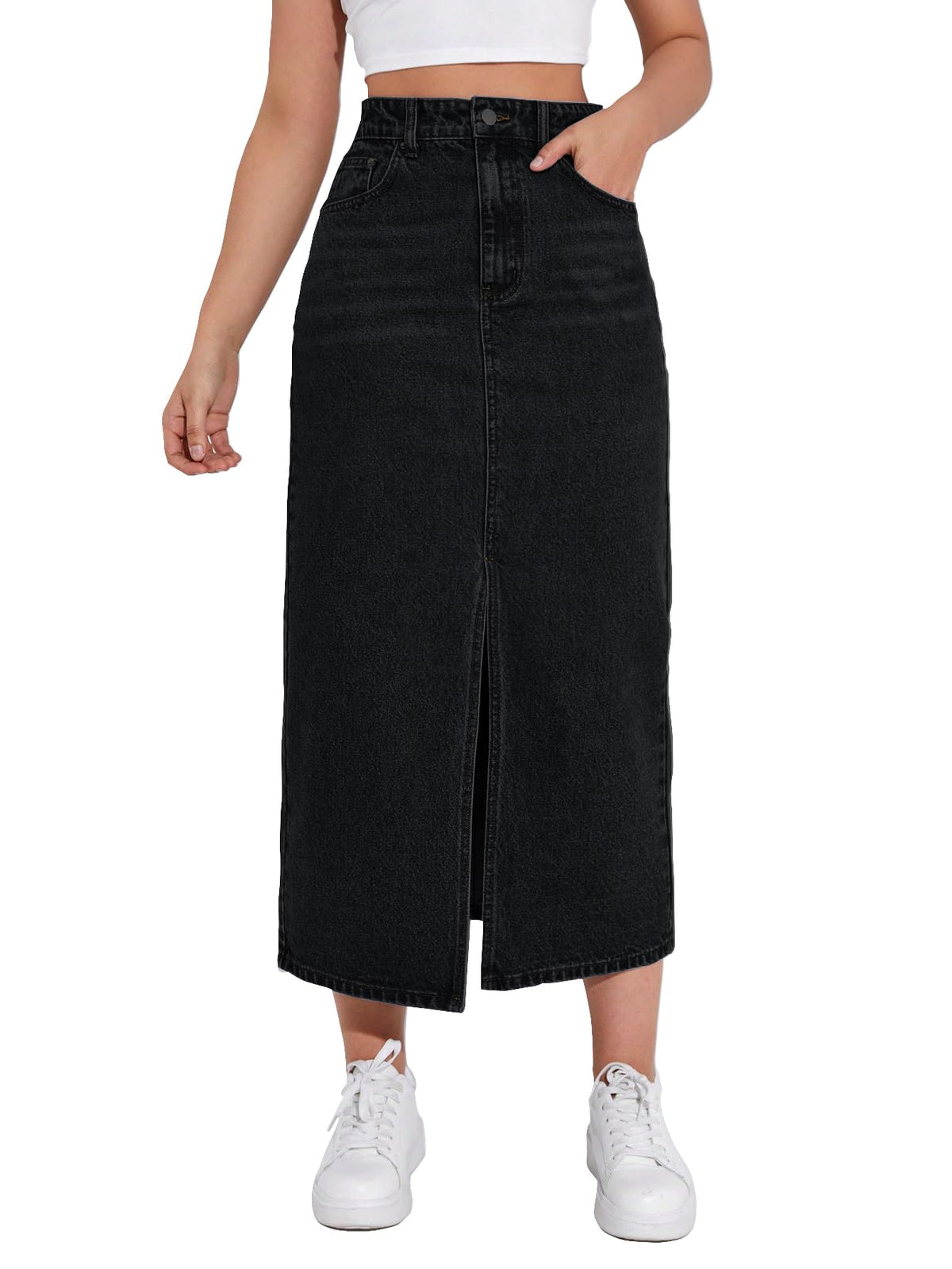 Shasmi Womens Spring/Summer Casual Front Split Thigh Straight Denim Skirt ll Denim Skirt for Women Long ll Skirt & top for Wome