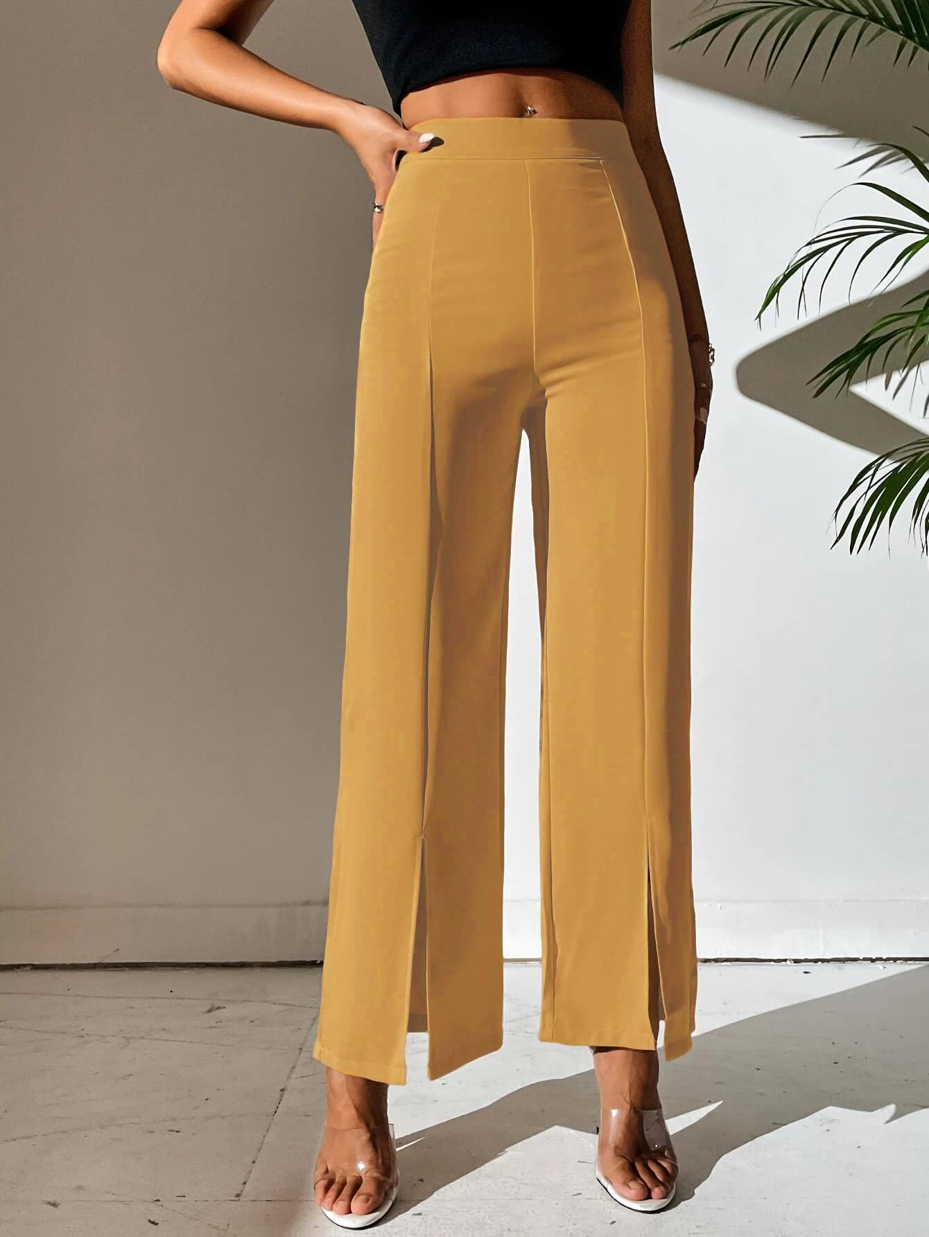 Shasmi Mustard Womens Dress Pants Stretchy Work Slacks Business Casual Office Bootcut Leg Elastic Waist Regular Fit Plazzo Trou
