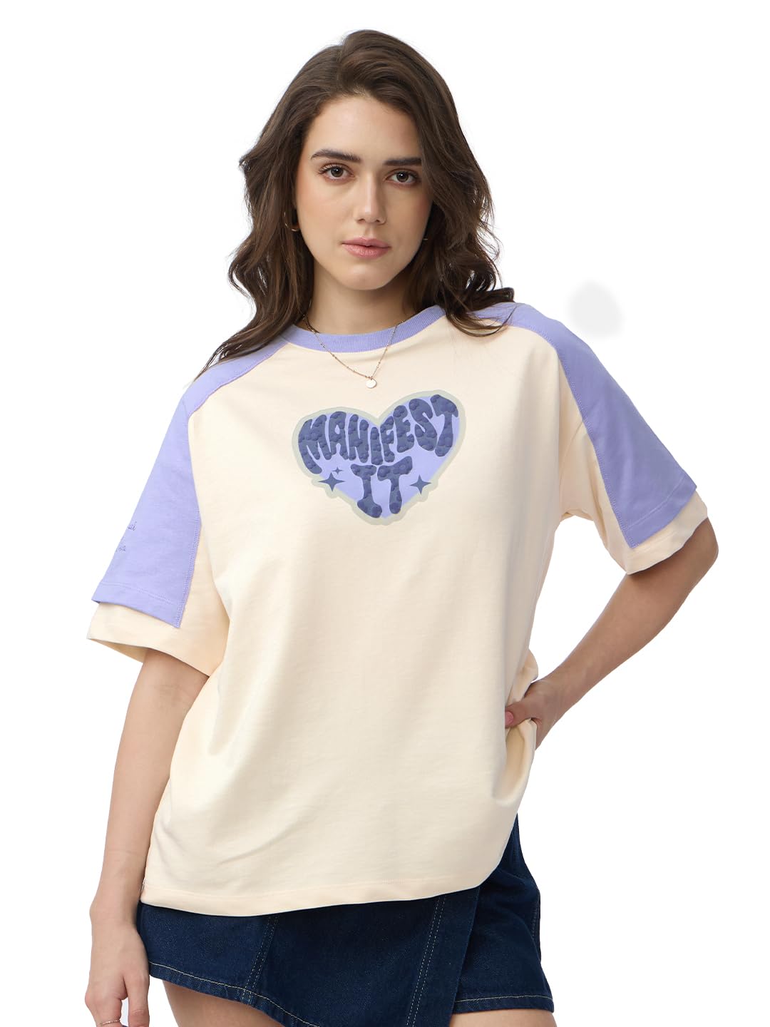 The Souled Store Oversized T-Shirt: Manifest It Women and Girls Short Sleeves Round Neck Off White and Blue Graphic Printed Cott