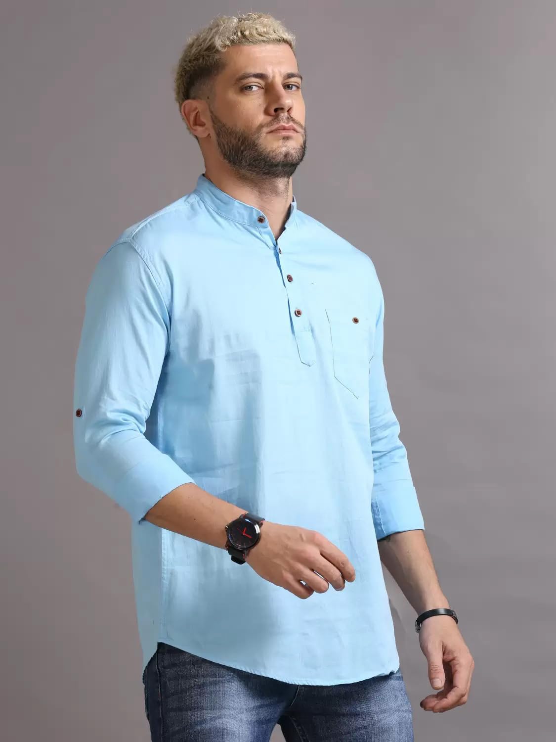 Deemoon MenS Cotton Blend Full Sleeve Short Kurta With Mandarin Collar Crafted From A Premium Cotton Blend Sky Blue
