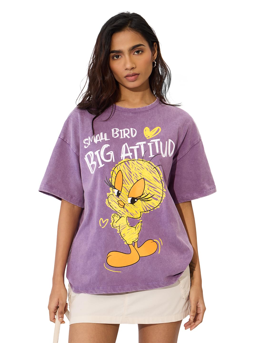 The Souled Store Looney Tunes: Big Attitude Women and Girls Short Sleeves Round Neck Purple Graphic Printed Cotton Oversized Lig