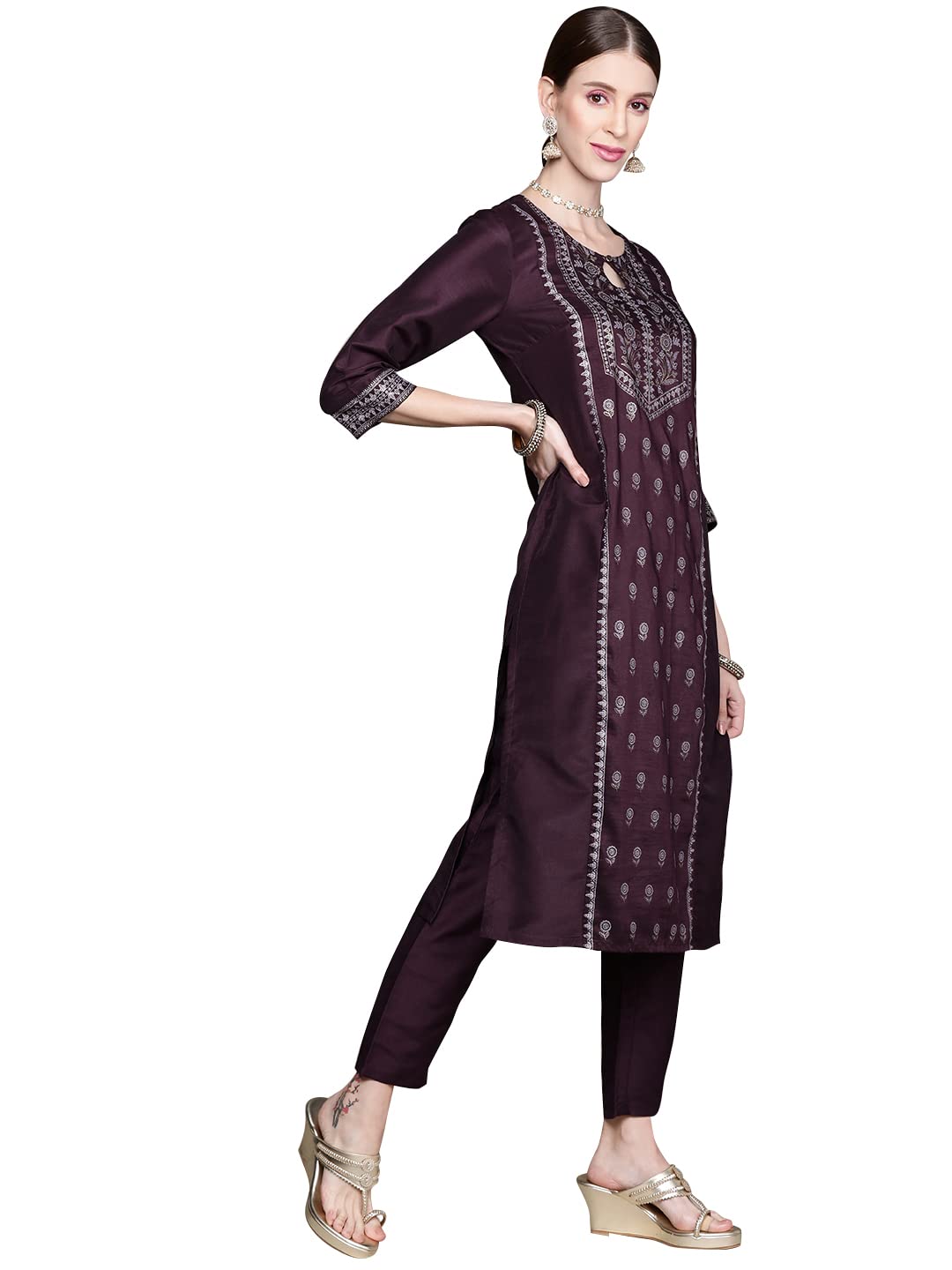 ZIYAA Women's Purple Chinon Straight Kurta And Pant Set(ZIKUCH3801ANDPA)