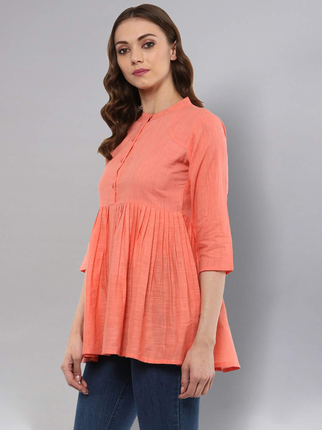 Idalia Peach 3/4 Sleeves,Flared Mandarin Collar Top For Women