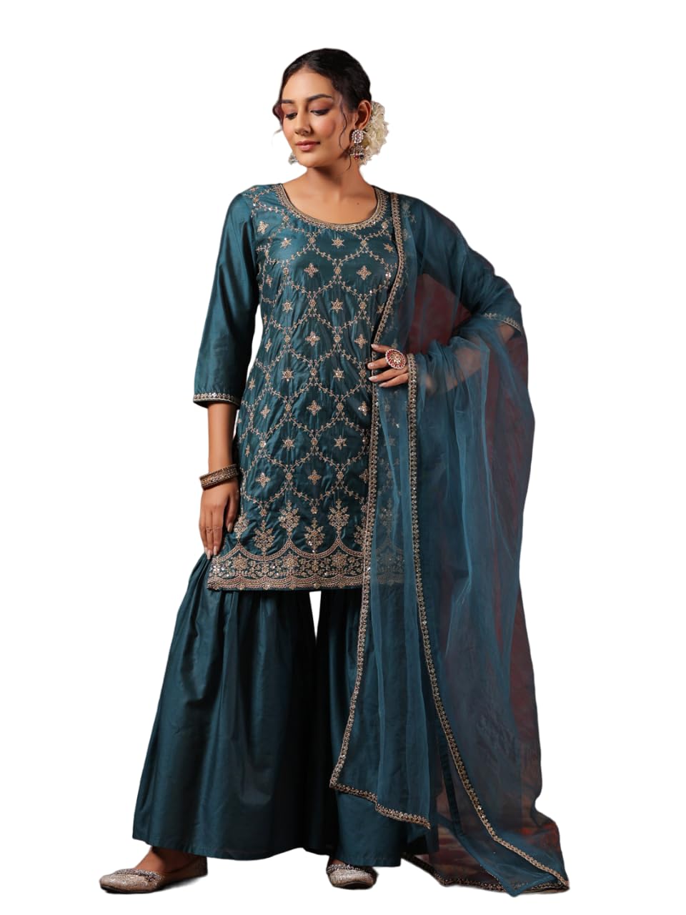 Ishin WomenS Poly Silk Self Design Zari Teal Straight Kurta Suit Set With Sharara & Dupatta