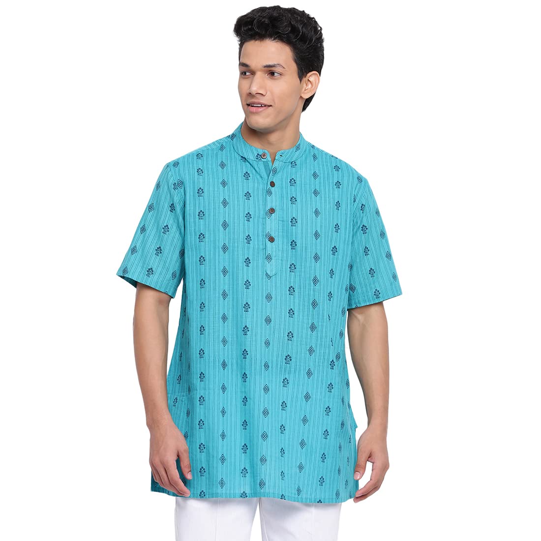 Fabindia Men Cotton Printed Short Kurta Blue_M