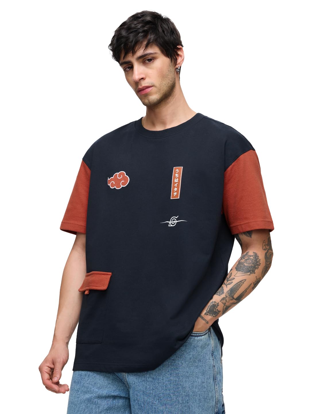 The Souled Store Naruto Shippuden: Uchihas Pride Men and Boys Short Sleeves Round Neck Blue and Red Embroidered Cotton Oversize