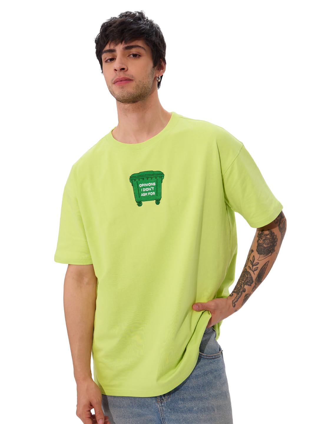 The Souled Store Trash Opinion Men and Boys Short Sleeves Round Neck Green Embroidered Cotton Oversized T-Shirts