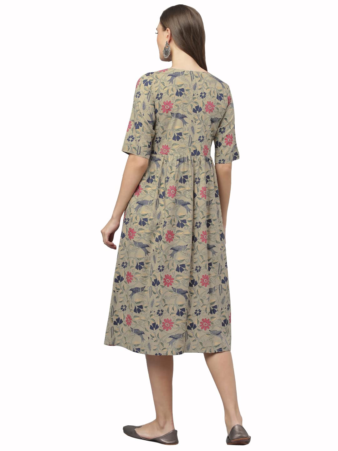 Stylum Women's Floral Printed Rayon Flared Kurta (Beige)