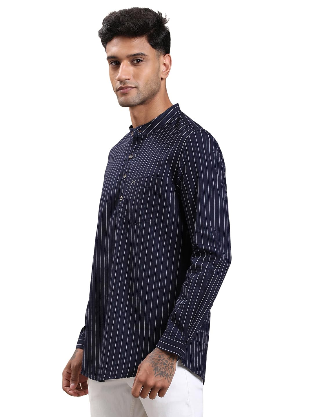 Turtle Men 100% Cotton Slim Fit Blue Stripe Casual Kurta Shirt