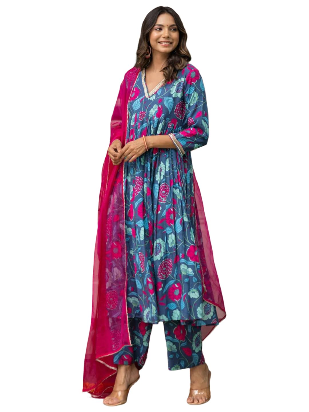 Tee Projekt WomenS Cotton Blend V-Neck Anarkali Kurta Pant With Dupatta Set