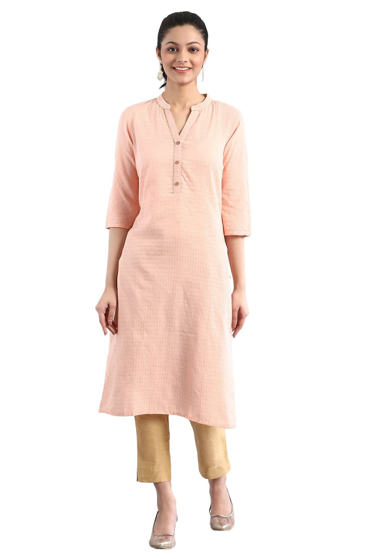 Aurelia Womens Cotton Pink Geometric Band Collar Straight Kurta