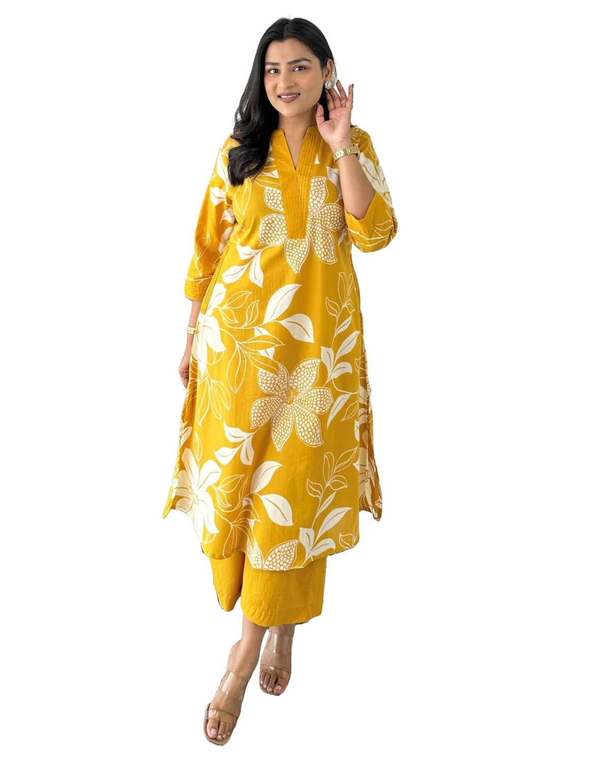 Lookmark WomenS Floral Printed Cotton Blend 3/4Th Sleeve Knee Length V-Neck Kurta And Palazzo Set For Women (Az-Lm-Og-Ks2204 Ye