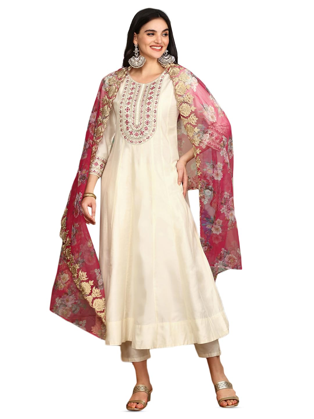 ishin White Floral Embroidered Thread Work Straight Kurta With Trousers & Dupatta | Kurta set for women | Kurta with trousers an