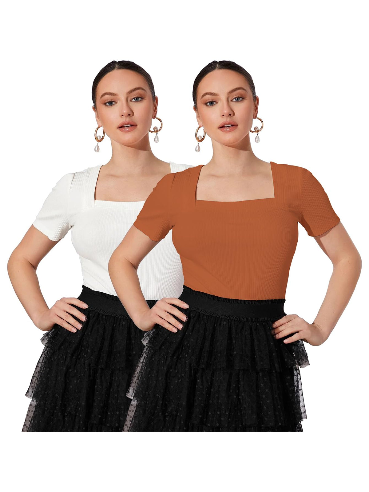 Shasmi Womens & Girls White and Orange Solid Knitted Square Neck Regular Fit T-Shirts Short Puff Sleeve Tops (52 Pack 2 White