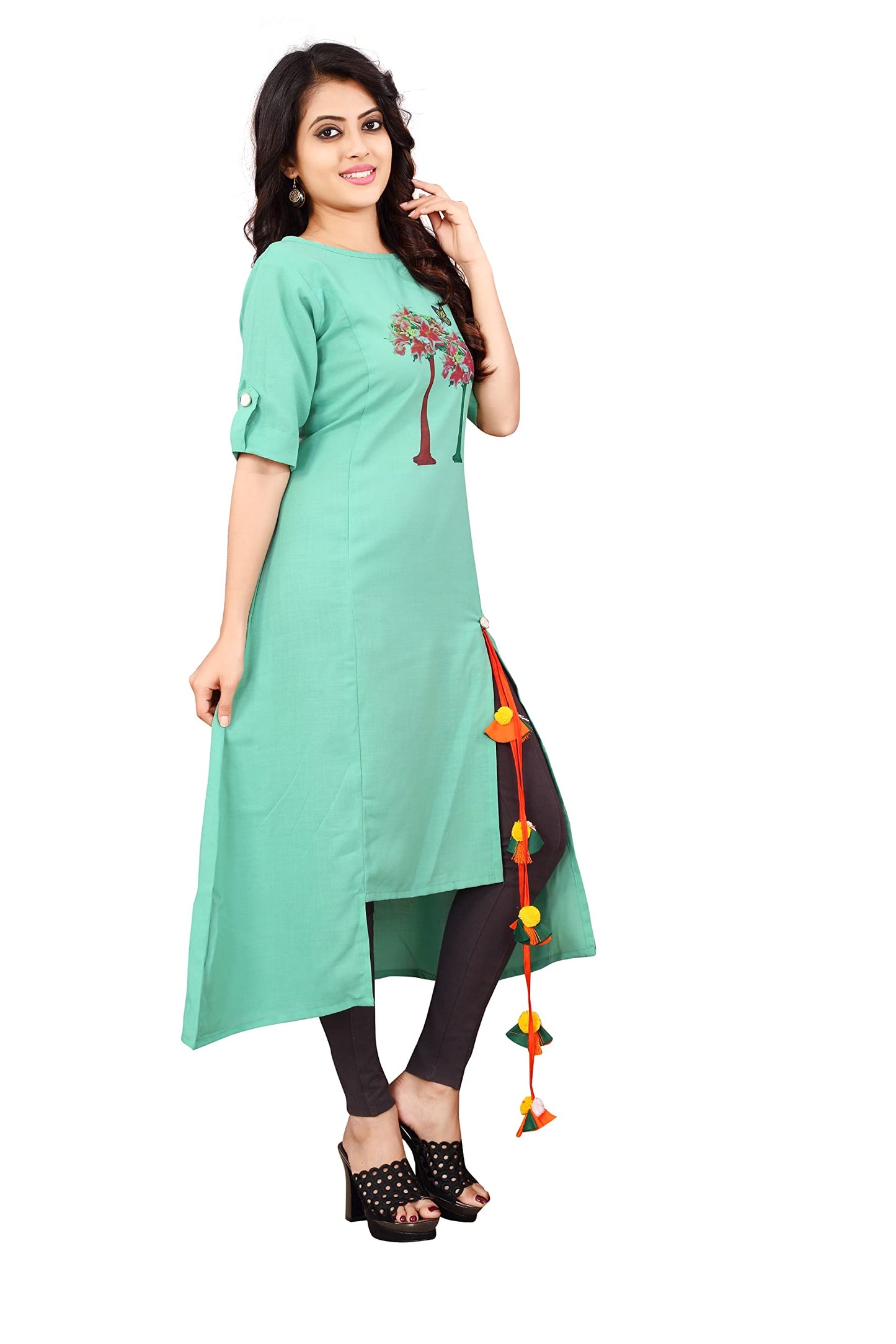 Leriya Fashion Women's Rayon Fully Stitched Printed Kurti/Kurta and Bottom Set with Pent (Leggings) for Women & Girls