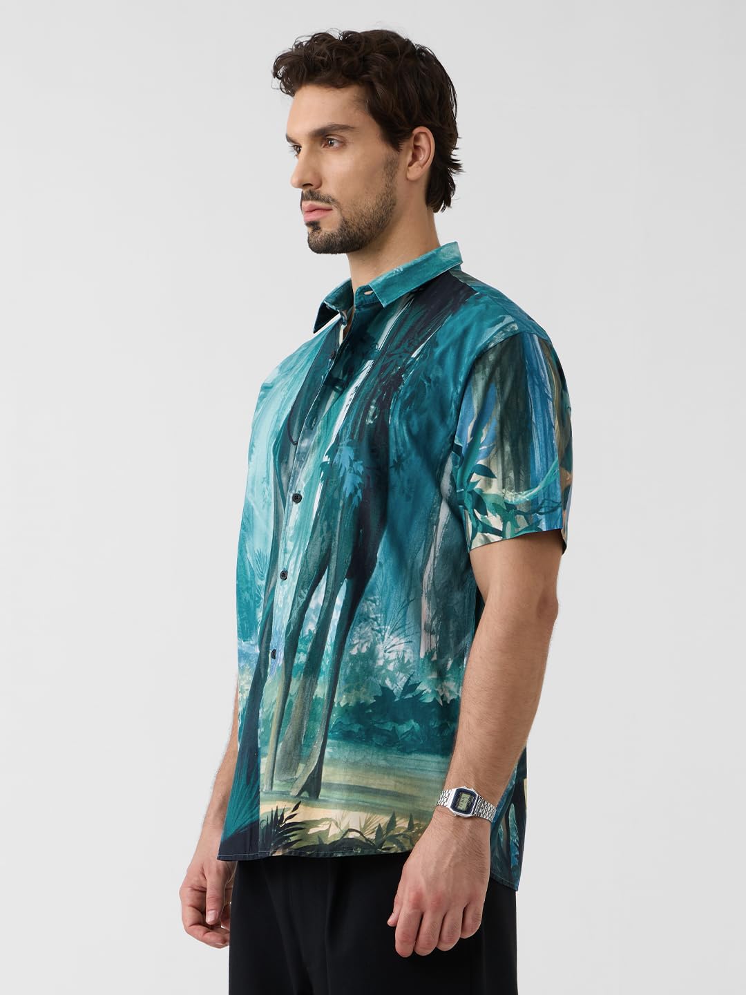 The Souled Store Jungle Book: Into The Wild Men and Boys Short Sleeves Collared Neck Button Front Blue Printed Cotton Blend Regu