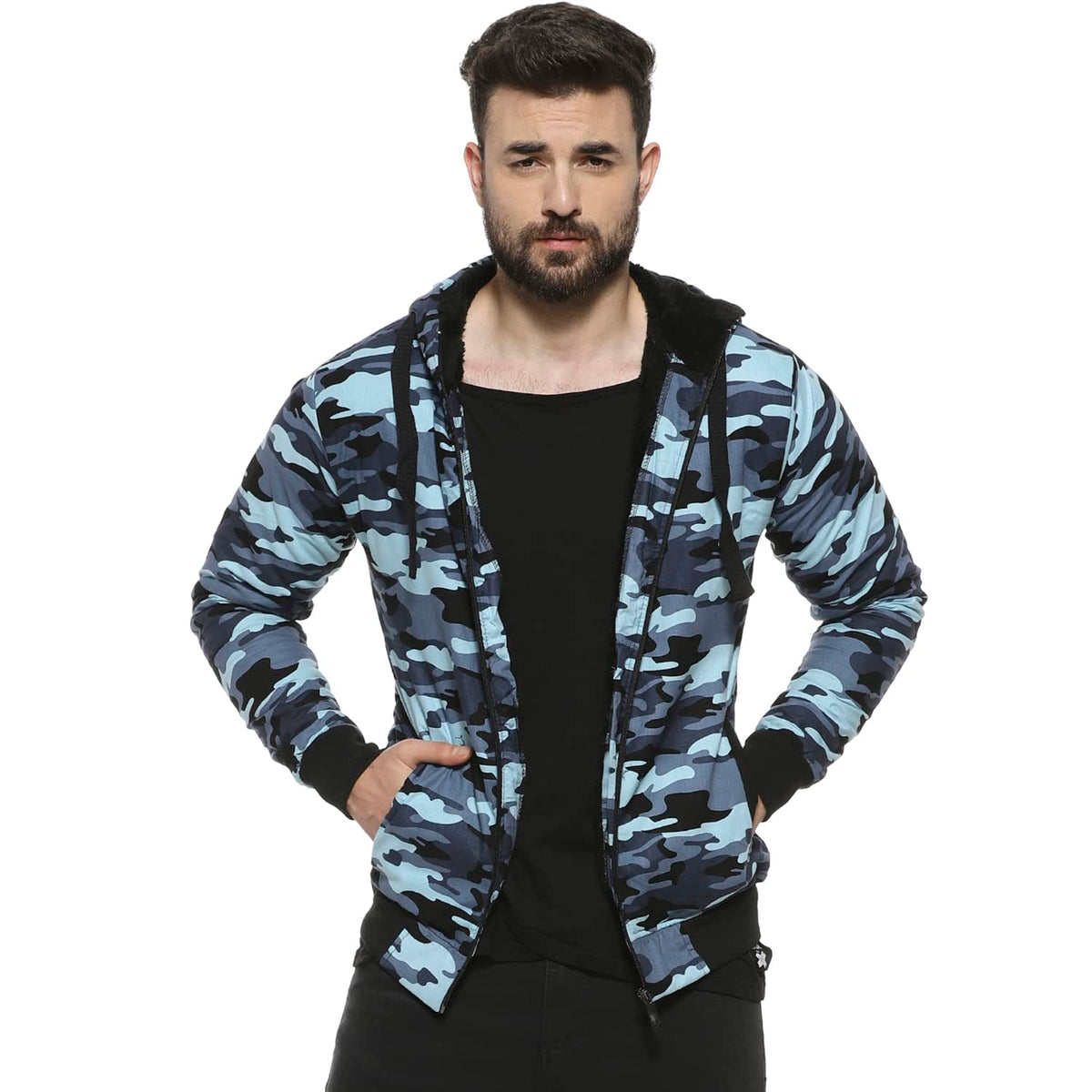 Campus Sutra Mens Light Blue Camouflage Regular Fit Cotton Jacket For Winter Wear,Hooded Collar,Full Sleeve,Zipper,Casual Jacke