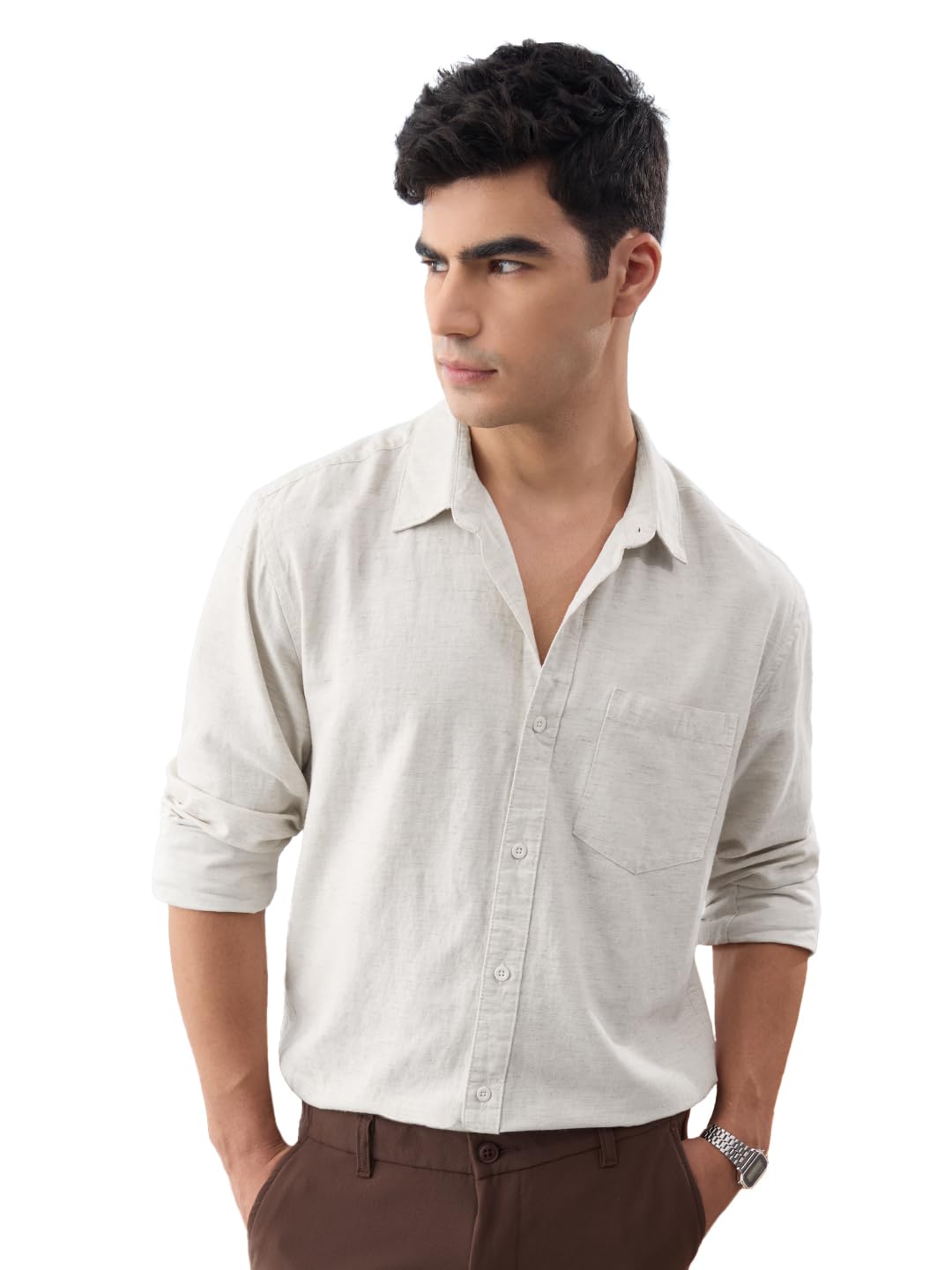 The Souled Store Cotton Linen: Ecru Men and Boys Long Sleeves Collared Neck Button Front Solid Regular Fit Cotton Linen Shirts