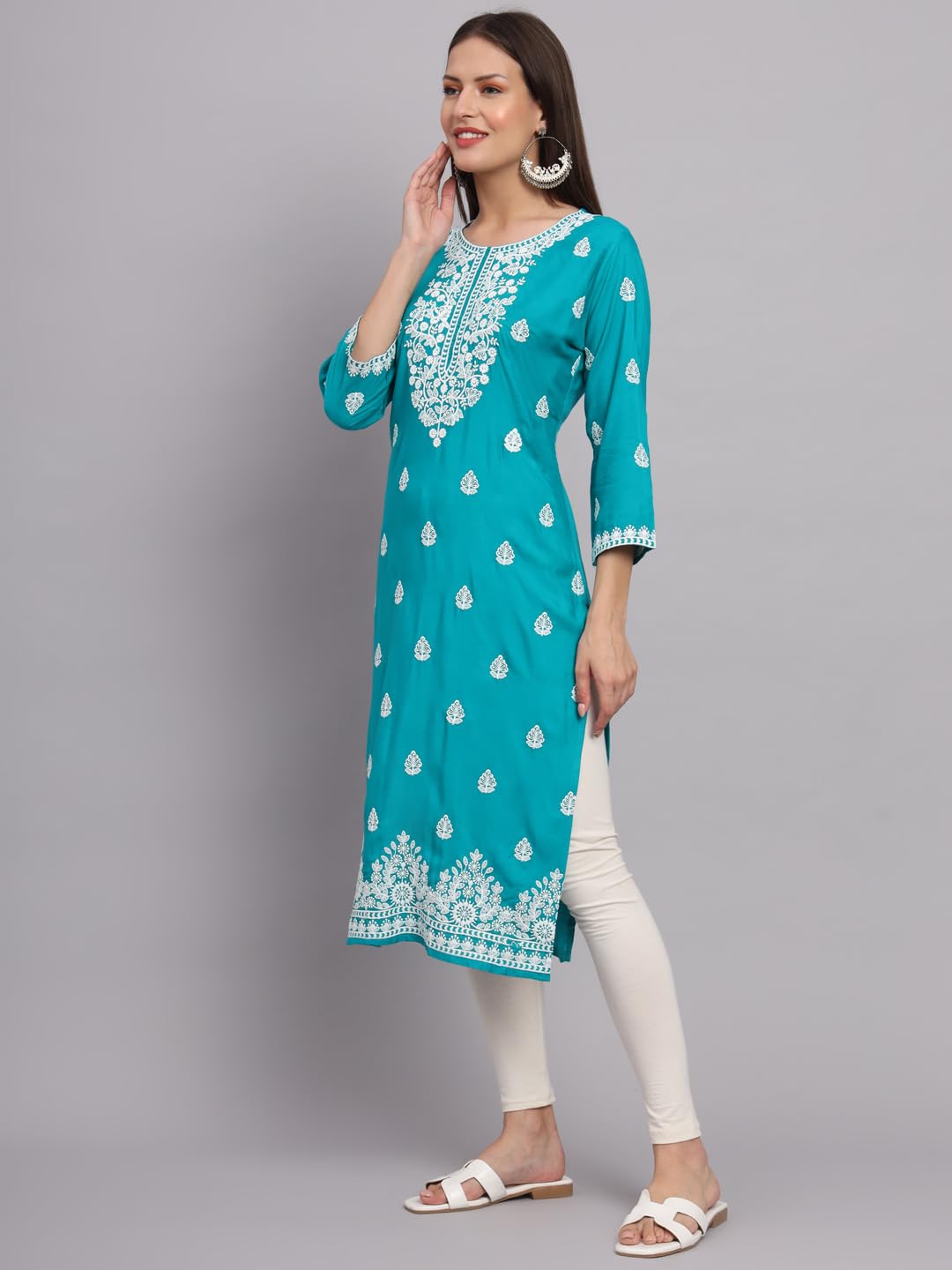 Ekasya WomenS Rayon Straight Cut Round Neck Kurta With Beautiful Floral Lucknowi Chickankari Work (E1586) Sea Green