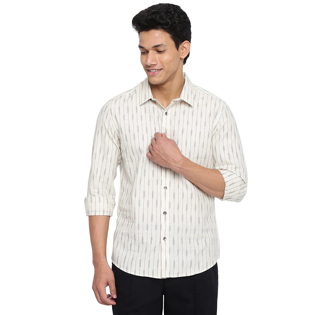 Fabindia Men White Cotton Slim Fit Woven Shirt Off_XS