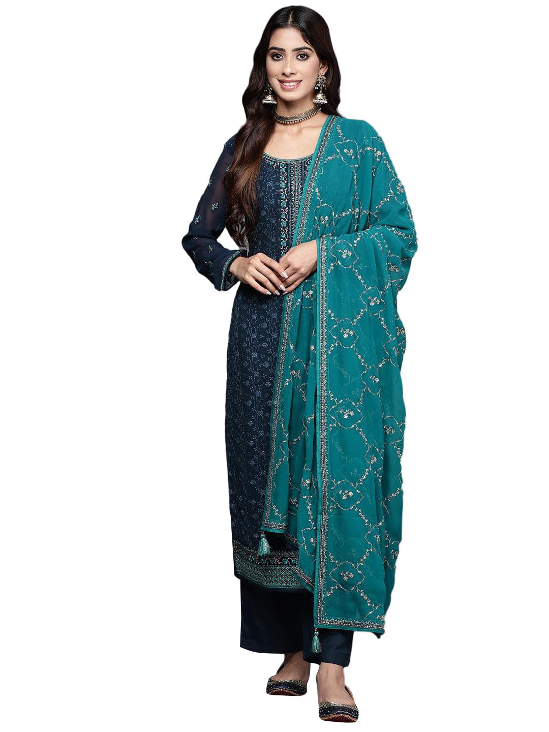 Libas Womens Embroidered Georgette Straight Kurta With Trousers And Dupatta