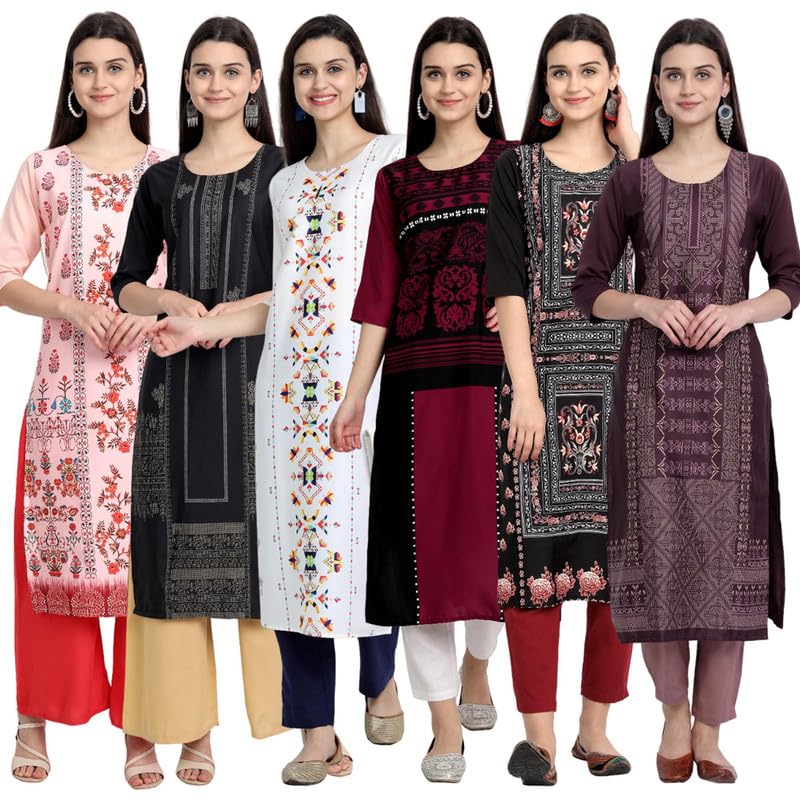 Tee Projekt Printed Crepe Kurti For Women Ll Vibrant Colour Kurti (Pack Of 6)