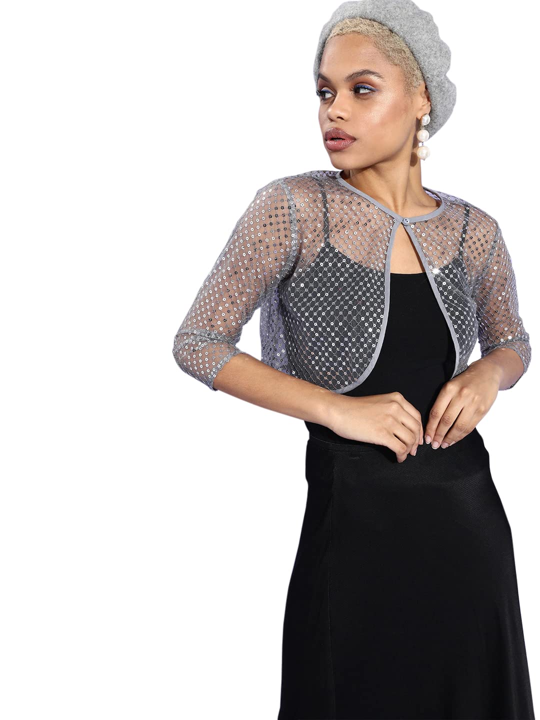 Style Quotient Women Silver Sequin Sheer Crop Shrug