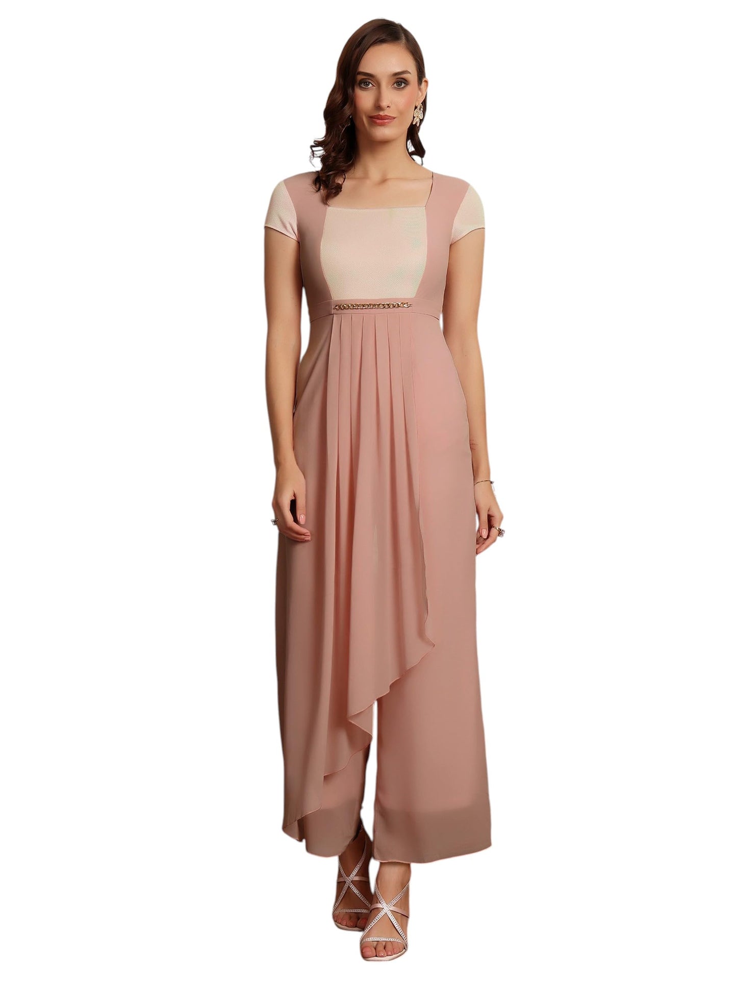 Miss Chase Womens Square Neck Short Sleeve Embellished Pleated Regular-Length Jumpsuit (MCAW24D19-65-312-06, Dusty Peach, XL)