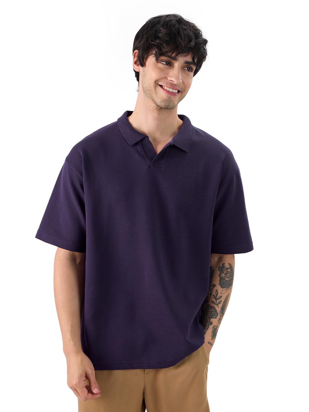 The Souled Store Solids: Berry Blue Men and Boys Short Sleeves Collared Neck Textured Cotton Blend Oversized Polos