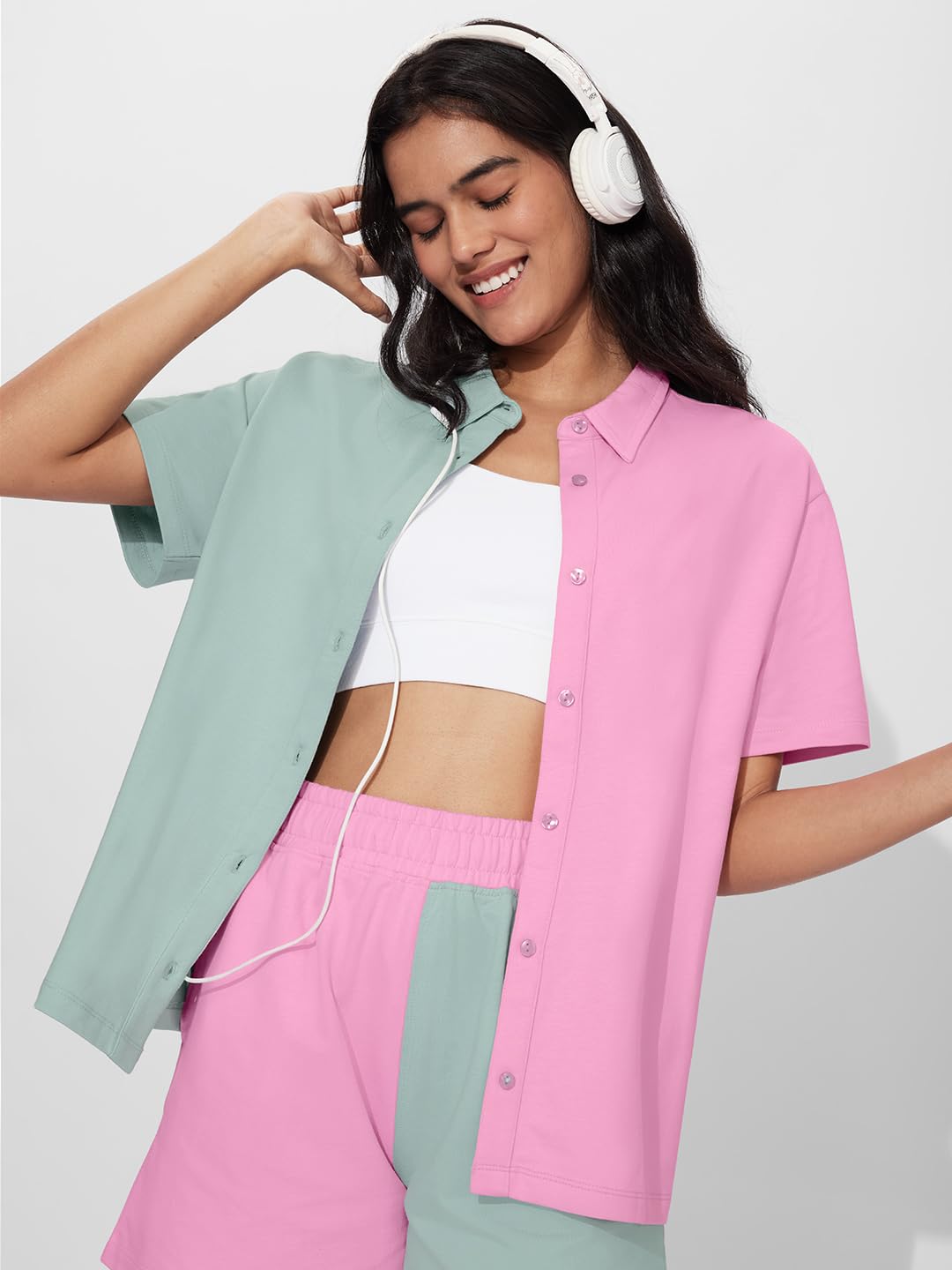 The Souled Store Solids: Pink, Green Colourblock Women and Girls Short Sleeves Collared Neck Button Front Cotton Boyfriend Shirt