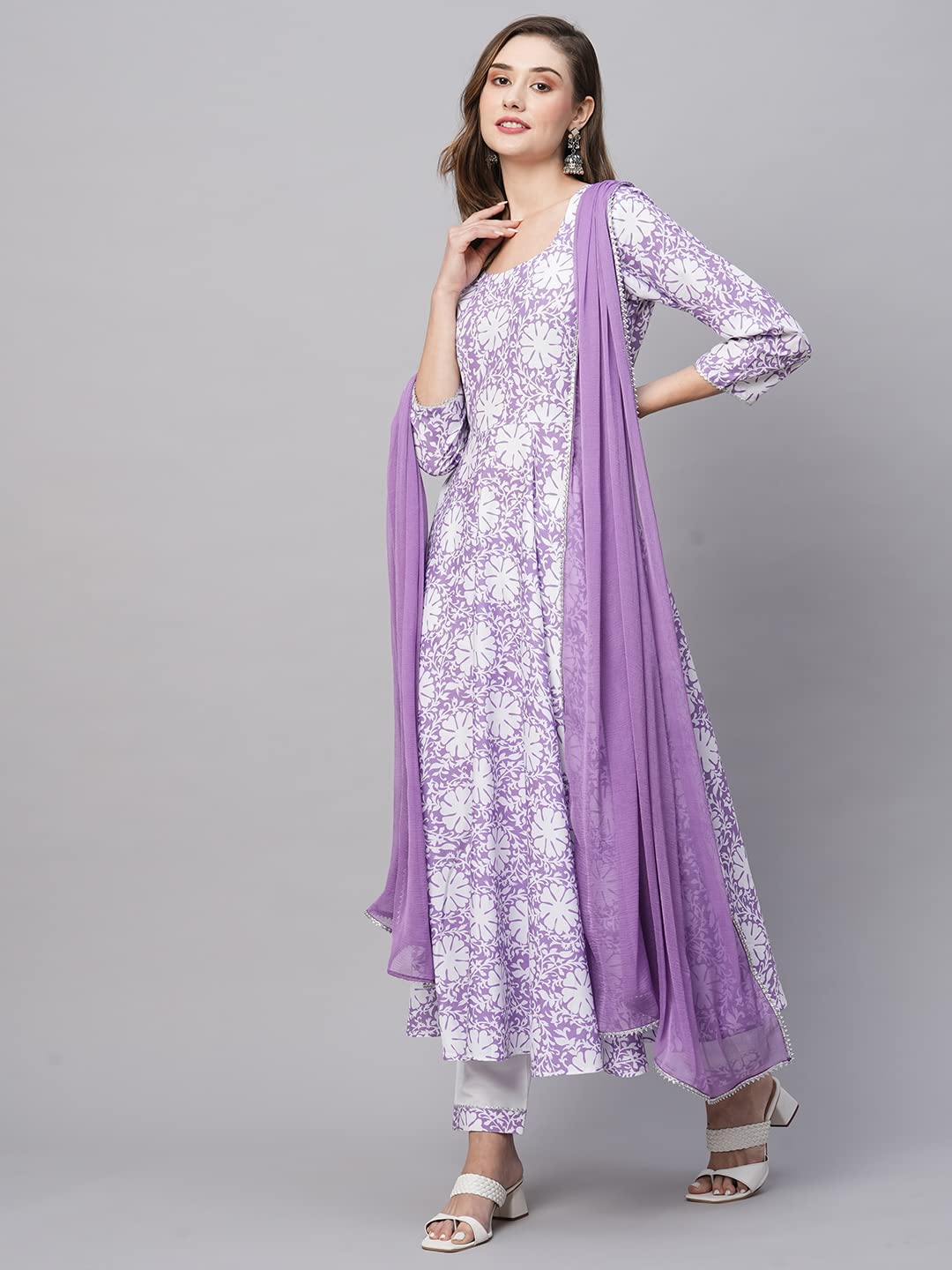 GoSriKi Women's Cotton Blend Anarkali Printed Kurta with Pant & Dupatta (AMIG-Purple-GS)