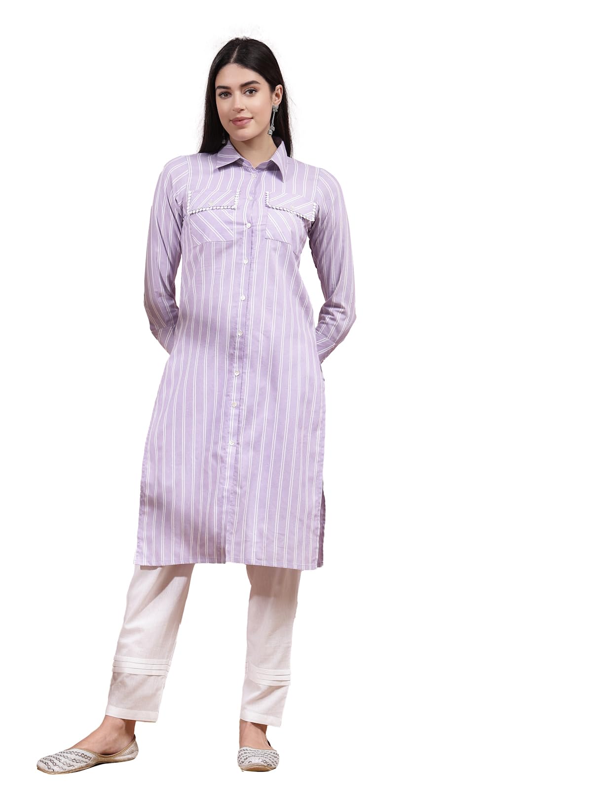 Stylum Women's Woven Striped Cotton Blend Straight Kurta (CLASSYLAVENDER_Lavender)