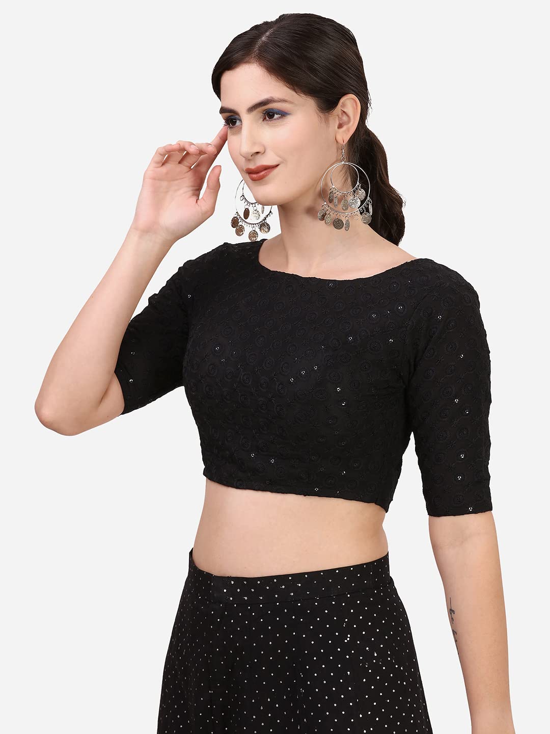 OOMPH! Cotton Readymade Blouse for Women, Hakoba, Black, Boat Neck