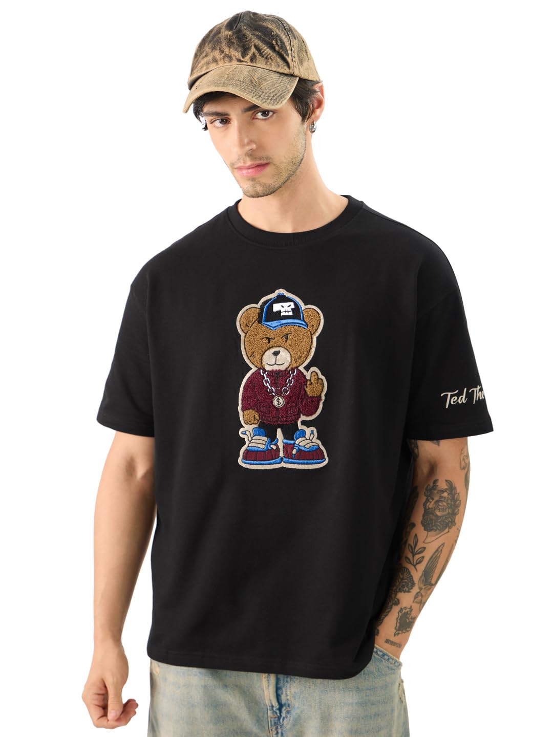 The Souled Store Ted The Stoner: Baby Terry Men and Boys Short Sleeves Round Neck Black Towelling Patch Cotton Oversized T-Shirt