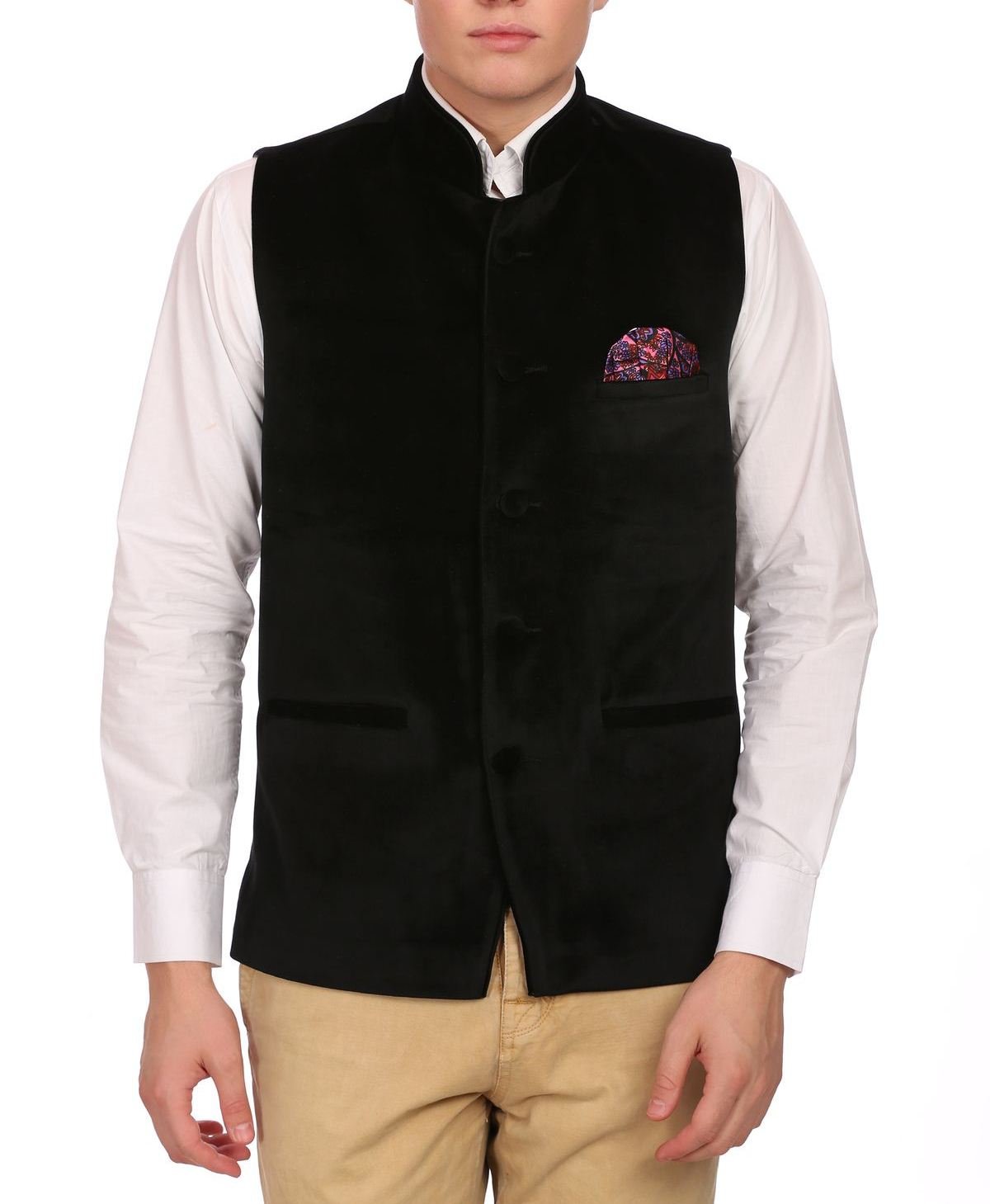 Wintage MenS Velvet Grandad Collar Festive Black Nehru Jacket Vest Waistcoat