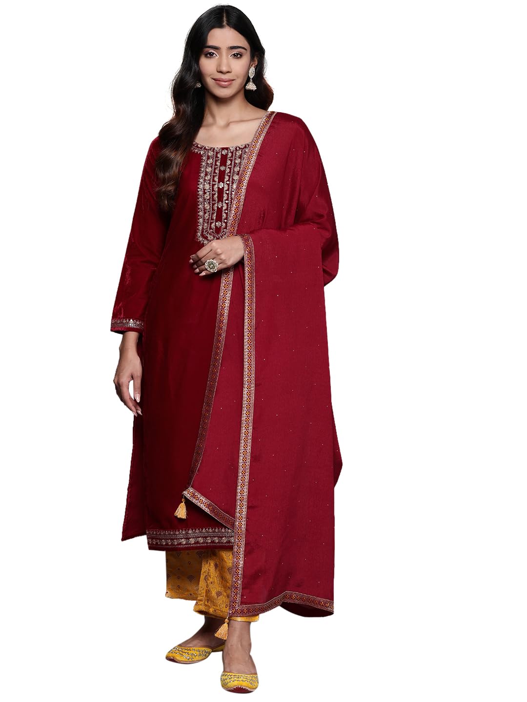 Libas Womens Yoke Design Velvet Straight Kurta With Trousers And Dupatta