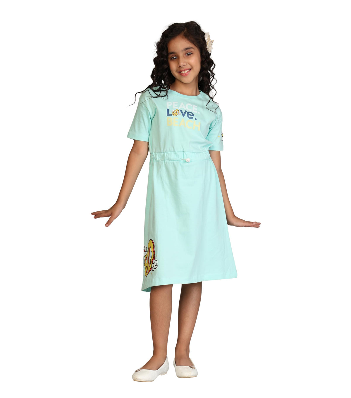 Kyda Kids 100% Pure Cotton Printed Round Neck Regular Fit Short Sleeve Long Top For Girls (Pack Of 1)
