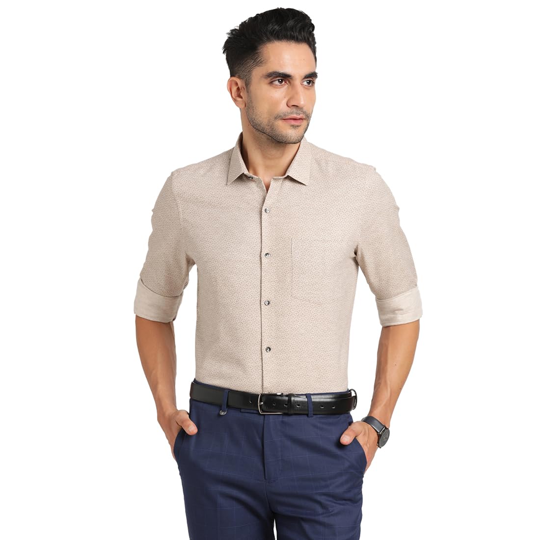 Turtle Men Cotton Melange Slim Fit Brown Printed Full Sleeve Formal Shirt