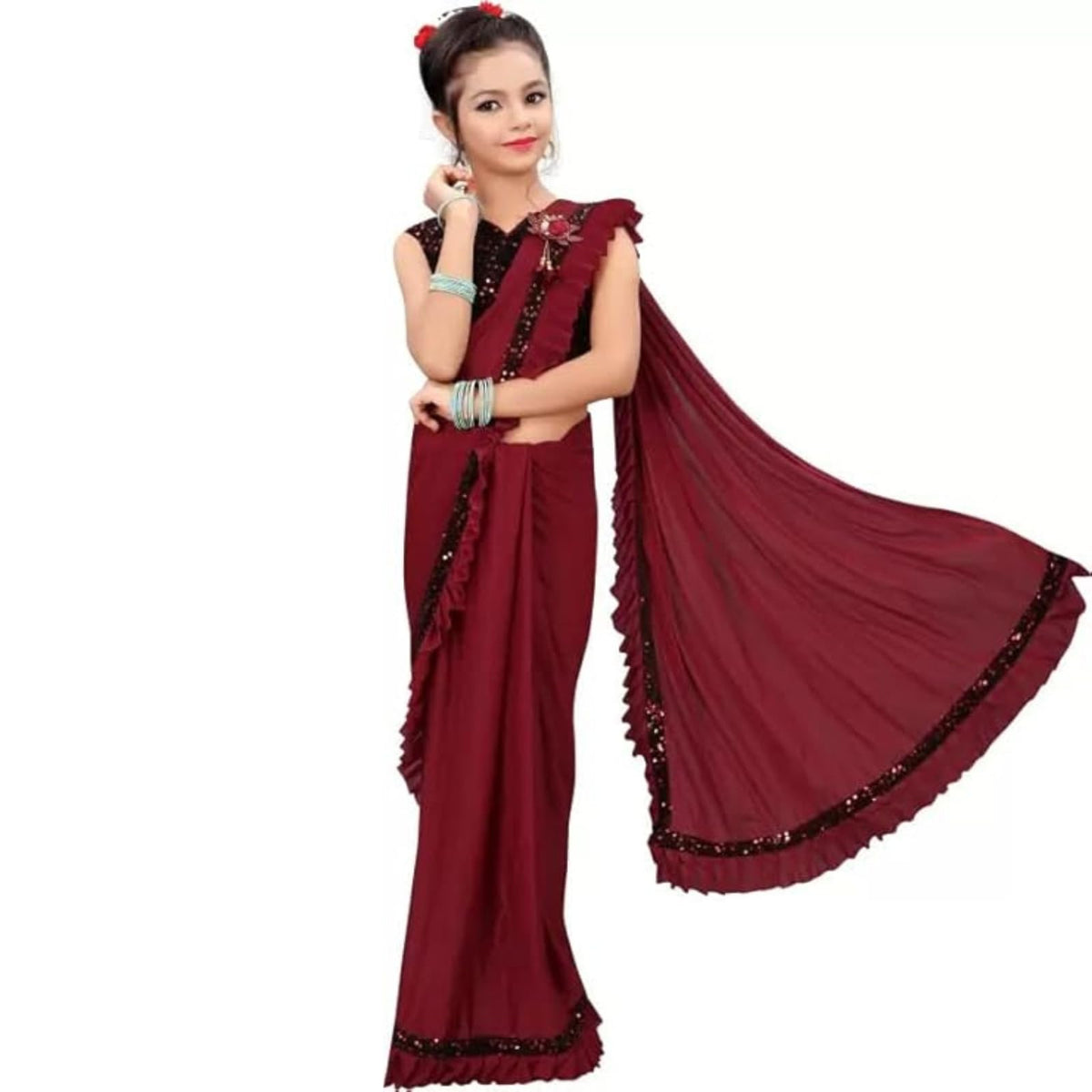 Dhyey Fashion GirlS Lycra Blend Ruffle Saree And Velvet Unstitched Blouse Piece | Readymade Saree For Girls | Girl Ruffle Maroo